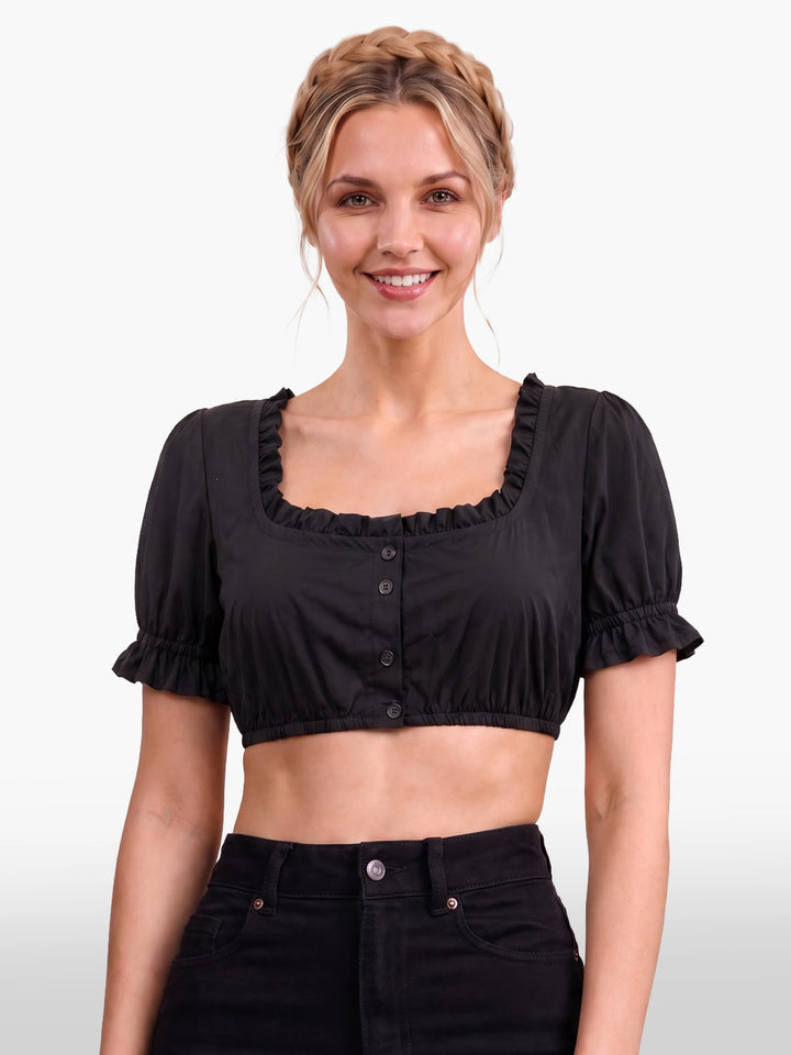 Ruffle Trim Traditional Bavarian Blouse Jet Black