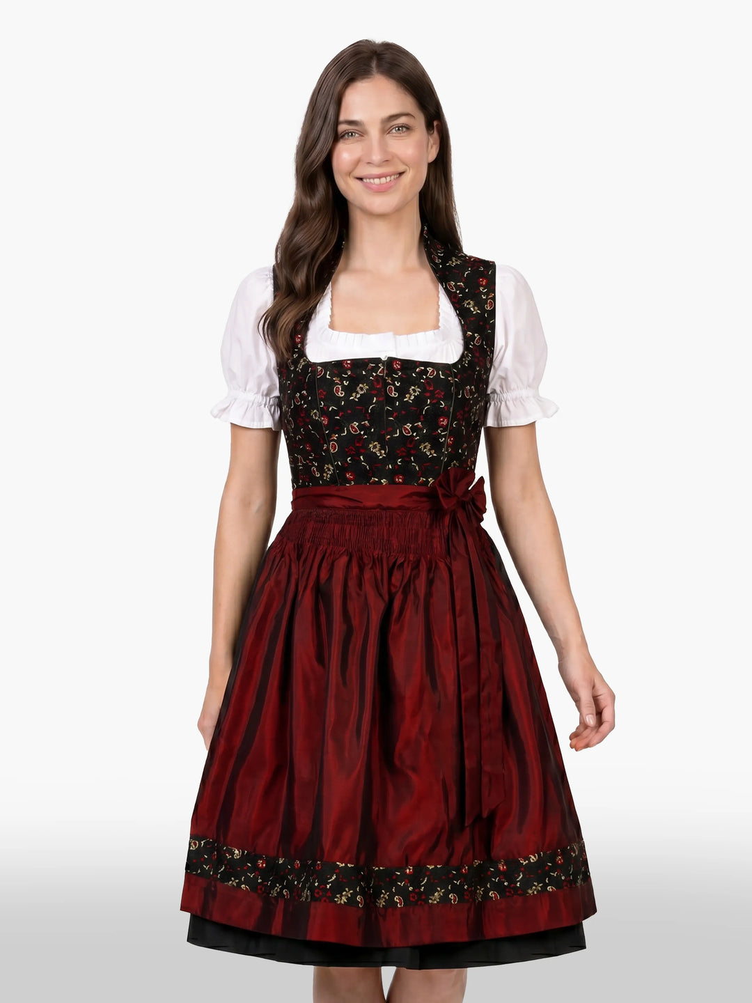 Black Burgundy Floral Traditional German Dirndl Dress