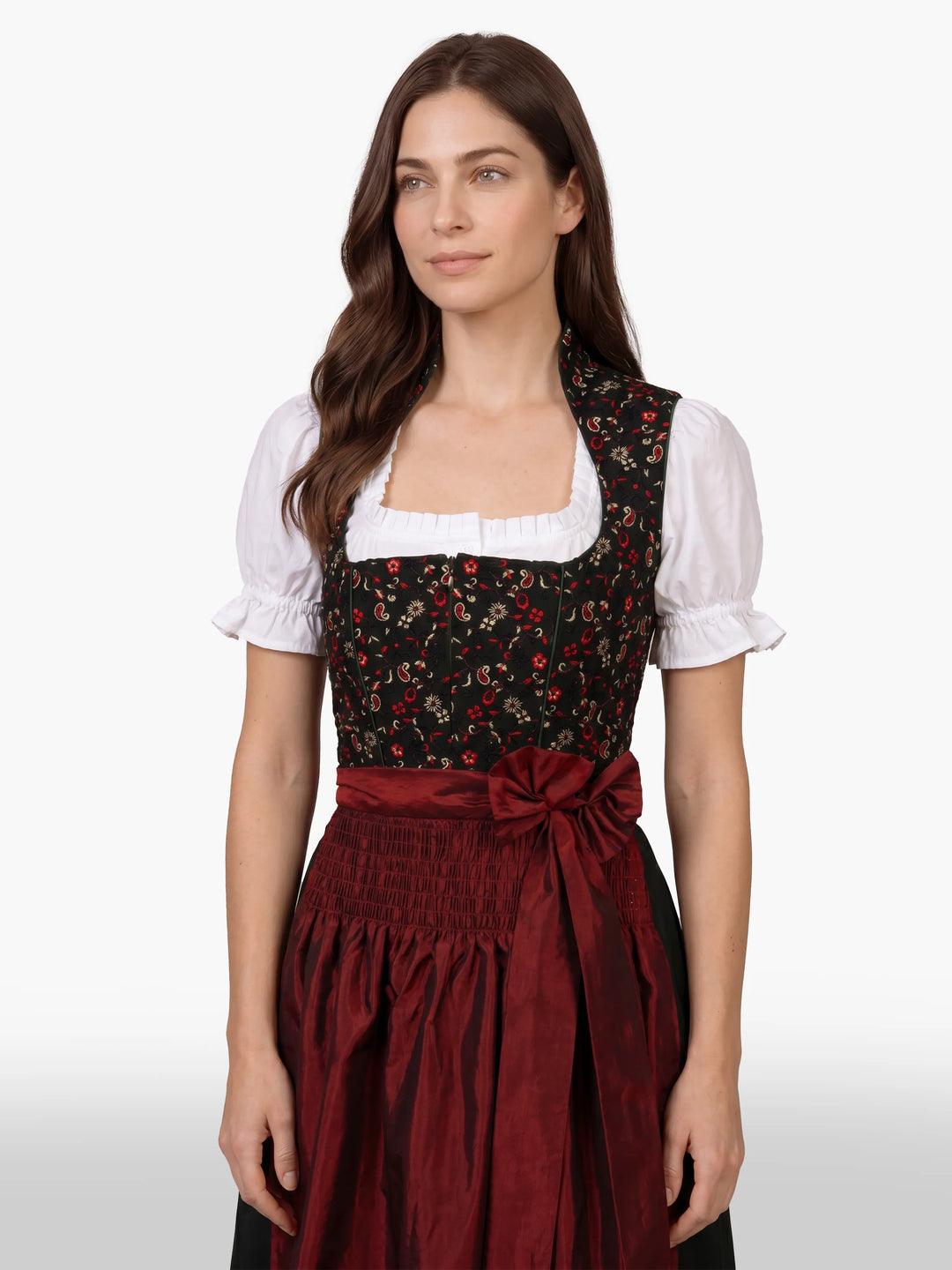 Black Burgundy Floral Traditional German Dirndl Dress