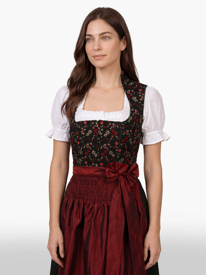 Black Burgundy Floral Traditional German Dirndl Dress