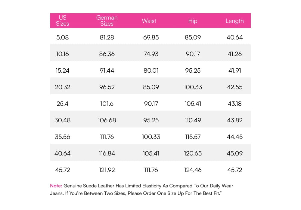 Size chart – centimetres