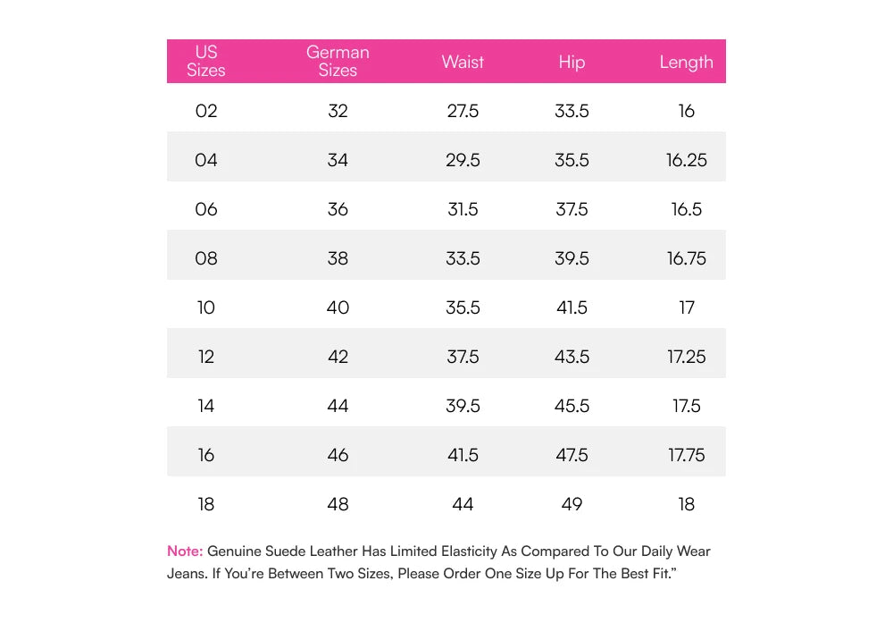 Size chart – inches