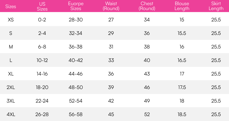 Dirndls size chart in inches