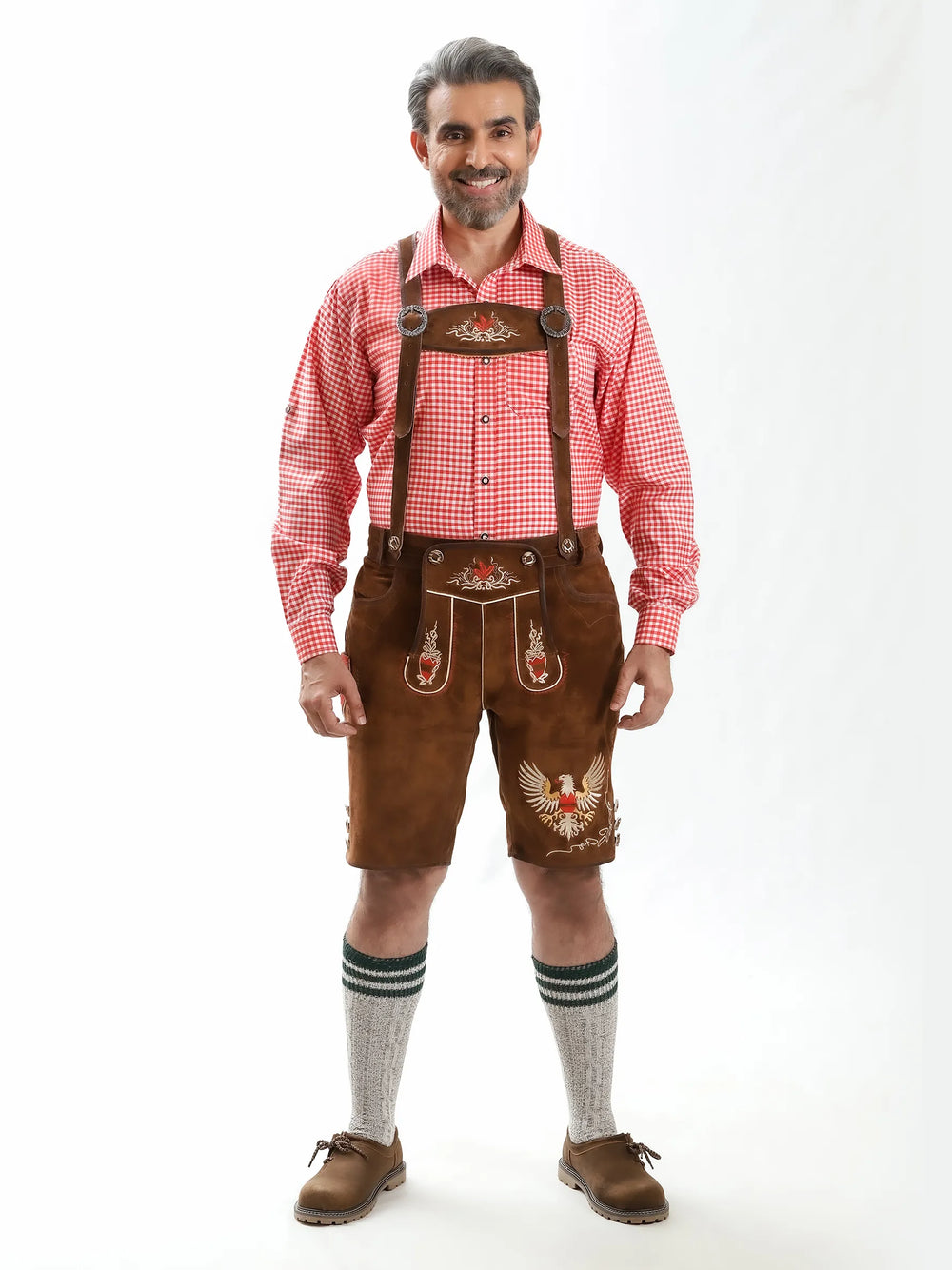 Lederhosen Men Adler Brown with Suspenders in premium suede featuring eagle embroidery and classic Bavarian style.