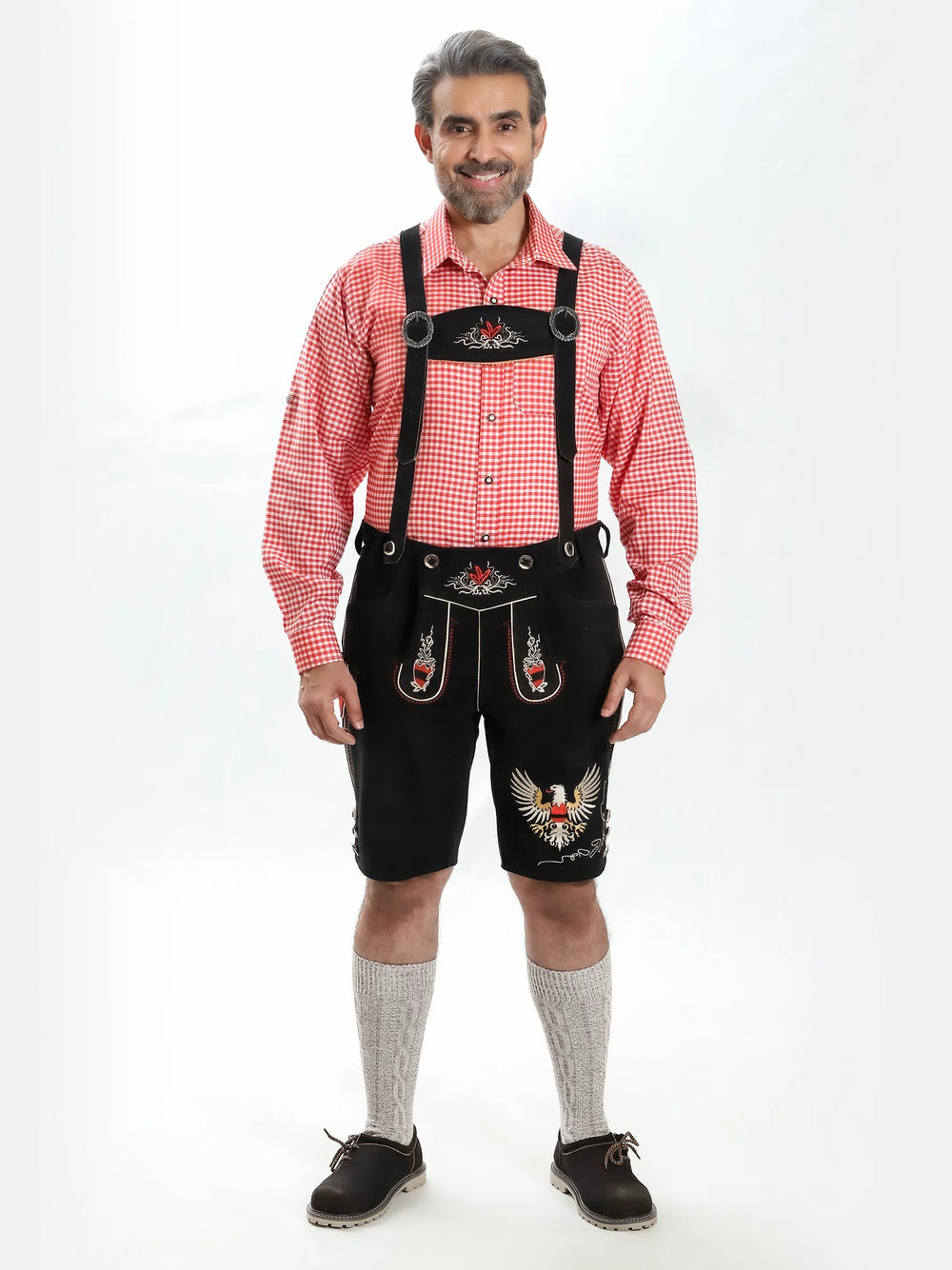 Lederhosen Men Adler Black with Suspenders featuring premium black leather with iconic eagle embroidery.