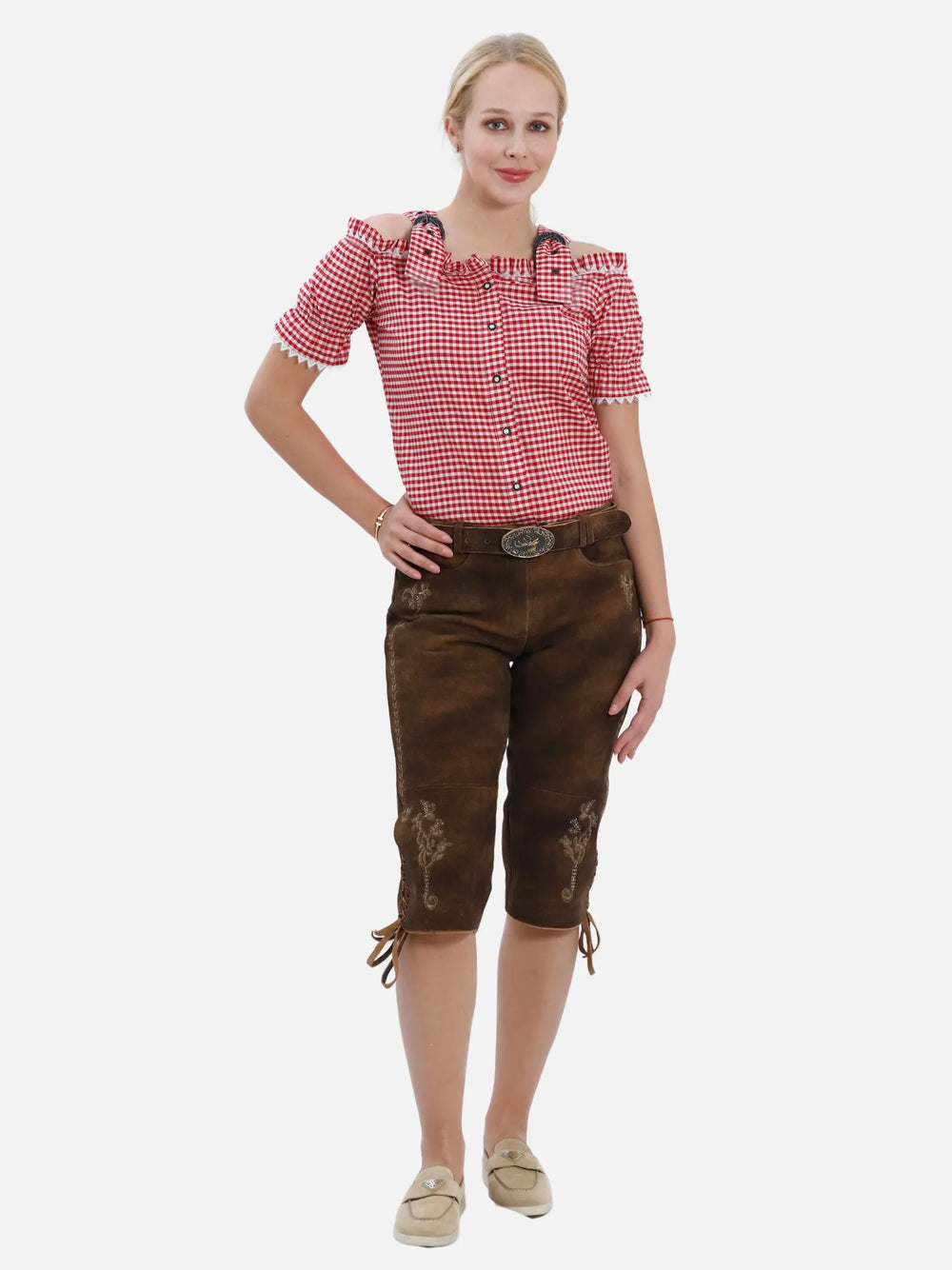 Women Lederhosen Lorelei featuring authentic brown suede leather with elegant embroidery for Oktoberfest outfits.