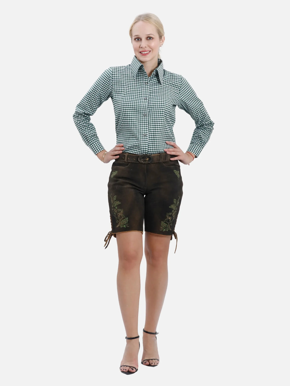 Women Lederhosen Sommerwind featuring authentic suede leather shorts with alpine embroidery and gingham shirt.