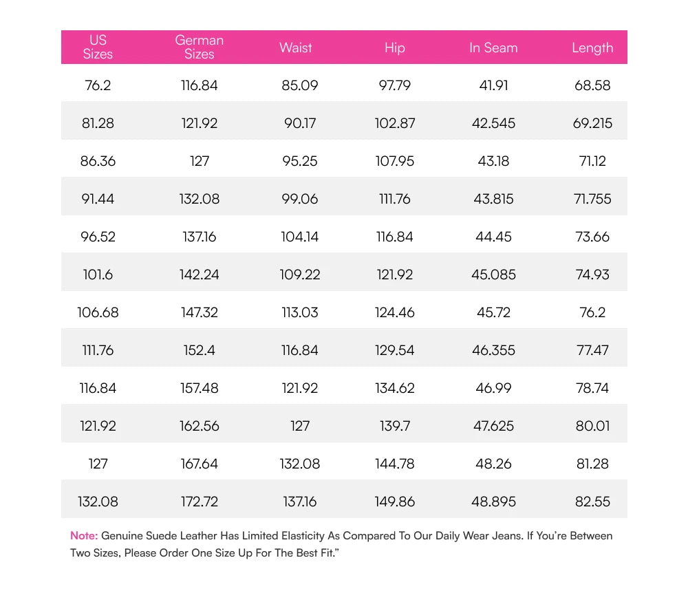 Size chart – centimetres