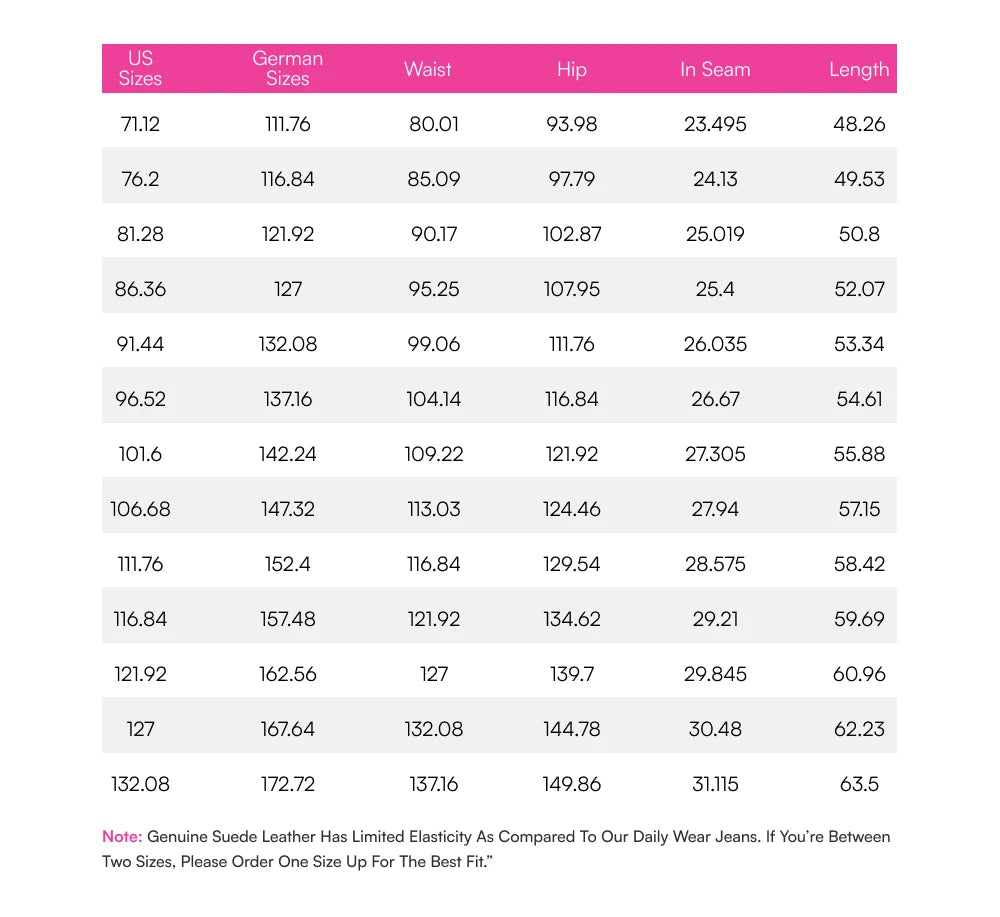 Size chart – centimetres