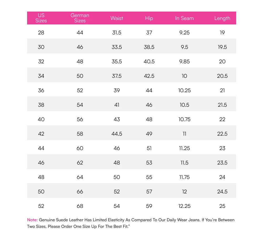 Size chart – inches