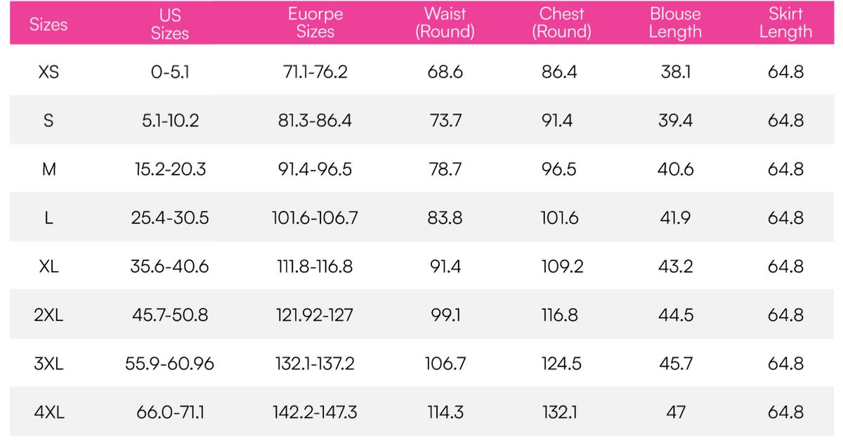 Dirndls size chart in centimeters