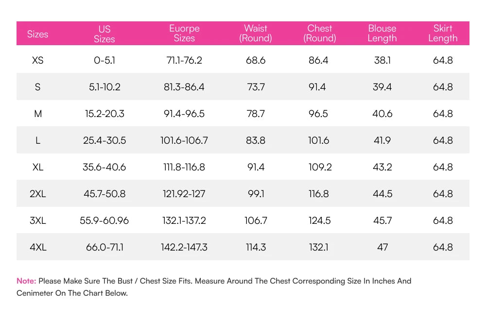 Size chart – centimetres
